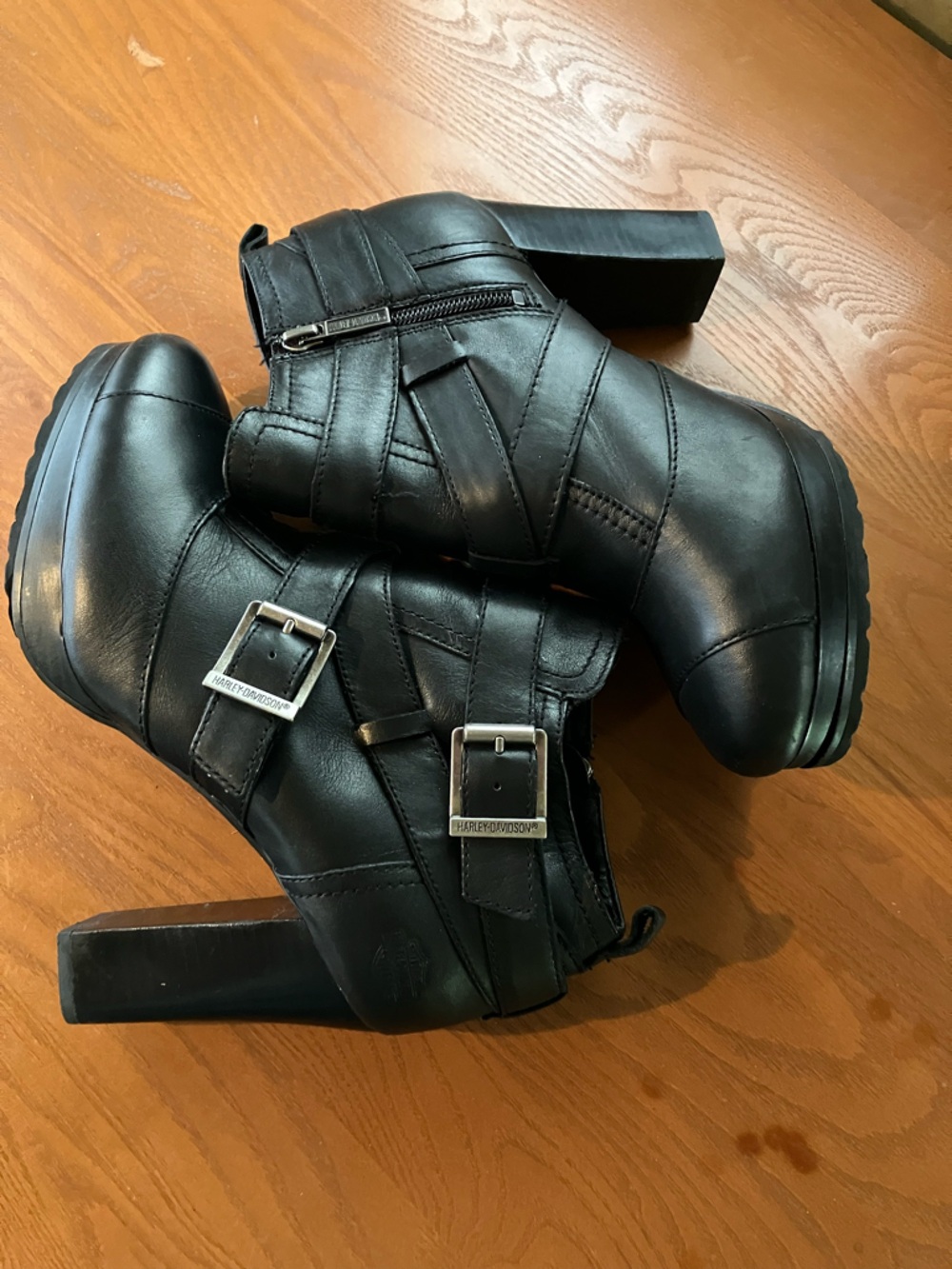 Harley Davidson Samantha Black Leather Ankle Boots 3.75” Chunky Heel Sz 9